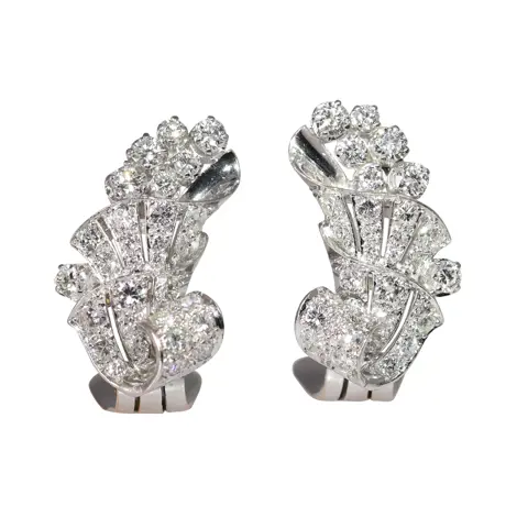 Elegant 1950s Platinum Diamond Earclips with Art Deco Flair