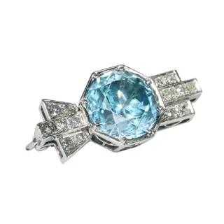 1950s Platinum Brooch with Blue Zircon  Refined Mid-Century Geometry