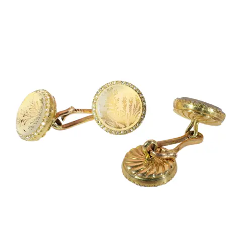 Victorian French cufflinks with moss agate landscapes and rose cut diamonds