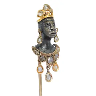 Crowned Victorian Blackamoor Stickpin Set with Rose Cut Diamonds, c.1870