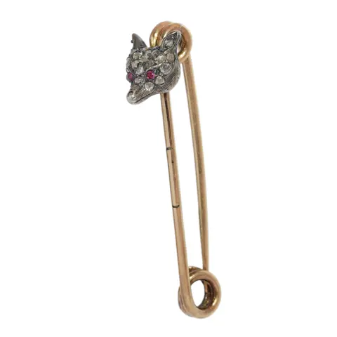 Victorian fox head stickpin in 14K red gold, silver mask and rose cut diamonds