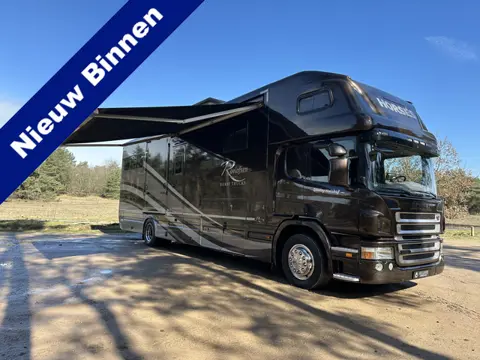 Scania P380 20,5T ROELOFSEN 6-paards paardenvrachtwagen Slide-out + Pop-up living!