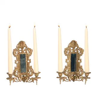 Antieke kandelaren / Stel van 2  wandkandelaren 2-armig verstelbaar met spiegeltjes ca 1900