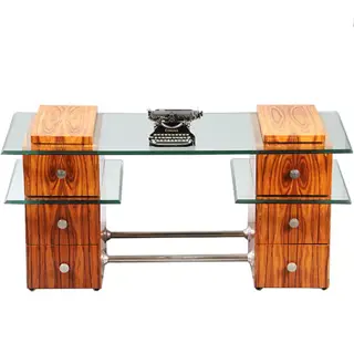 Een uniek bureau met glazen werkblad laat Art Deco ca 1950 met 6 laden