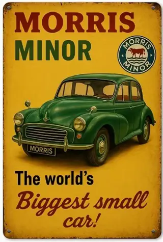 Metalen wandbord met afbeelding van een Morris Minor