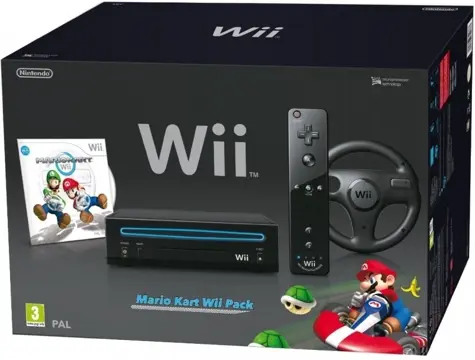 Nintendo Wii (Black) + Mario Kart Wii + Wii Wheel (boxed)