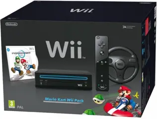 Nintendo Wii (Black) + Mario Kart Wii + Wii Wheel (boxed)