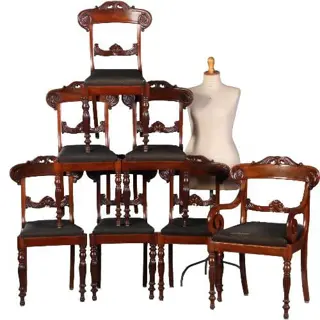 Antieke stoelen /  Stel van 6 eetkamerstoelen + 1 armstoel  ca. 1835 incl. bekleding naar wens