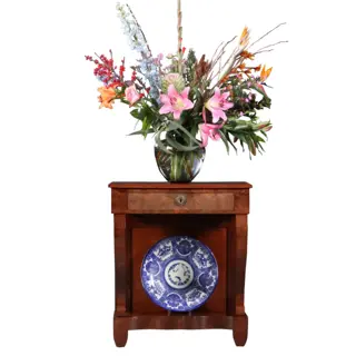 Antieke wandtafel / Trumeau ca. 1830  in mahonie met lade op gebogen voorpoten