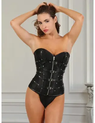 Zwart Korset met gespen en veters aan de achterkant, inclusief G-string. Maat S M L XL 2XL 3XL.