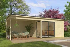 Blokhut met overkapping Olivia 385x295 + Aanbouw onbehandeld vuren