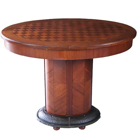 Art and Craft mahonie bijzettafel met blokmozaïek blad en brons beslagen voet ca 1890