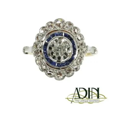 Art deco trouwring met prachtige saffier.