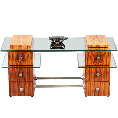 Een uniek bureau met glazen werkblad laat Art Deco ca 1950 met 6 laden