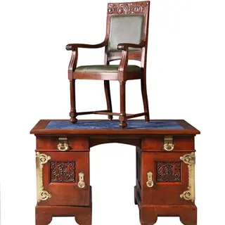 Art Nouveau Bureau met brons beslag en armstoel  incl stof en leer naar wens