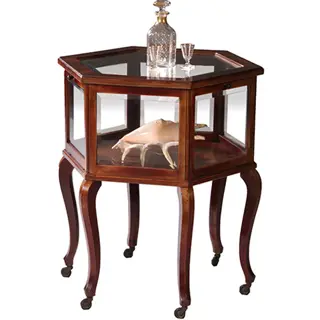 Hexagonaal vitrinetafeltje in notenhout met drie klepjes ca 1900