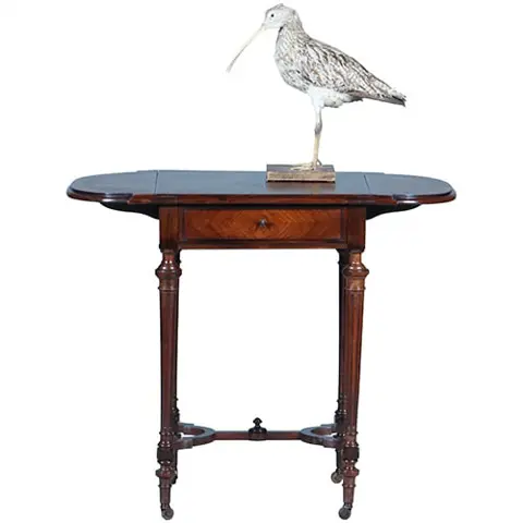 Palissander tafeltje met 2 hangoren een lade en  opklapbare spiegel  ca 1850