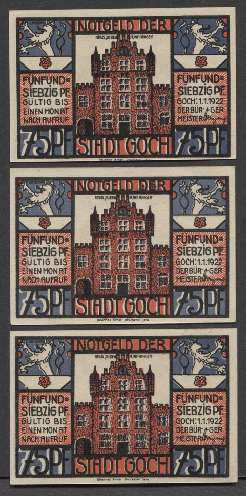 Serie van 3: Set Notgeld der stad Goch 1922 75 Pfennig