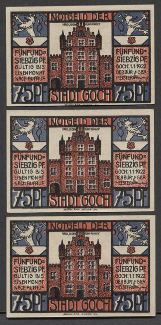 Serie van 3: Set Notgeld der stad Goch 1922 75 Pfennig