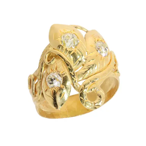 Victorian Triple Snake Ring with Old Mine Cut Diamonds in Gold