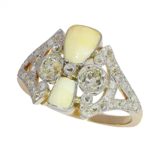 Unusual Art Deco Ring with Old Cut Diamonds and Two Baby Teeth, c. 1920