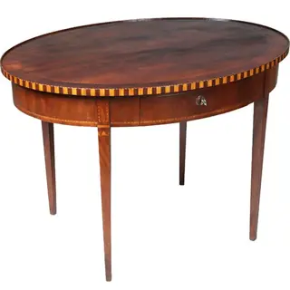 Mahonie theetafel ca 1865 Louis Seize stijl met lade ingelegd met satijn en ebben