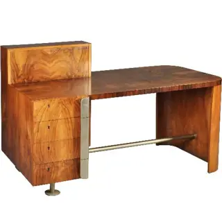 Wat een uitzonderlijk fraai art deco bureau ca 1920 in o.a. wortelnoten, palissander en chroom