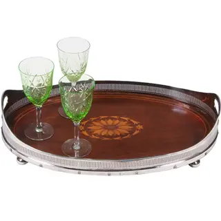 Engels ovaal dienblad met verchroomde  opstaande rand met geïntegreerde grepen