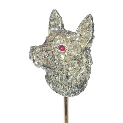 Gentleman's Best Friend: Antique Diamond Set Dog Head Tie Pin with Rubies