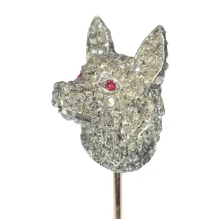 Gentleman's Best Friend: Antique Diamond Set Dog Head Tie Pin with Rubies