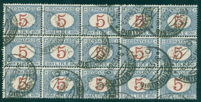 Koninkrijk Italië 1929 - Postage due, 5 lire azure and carmine. Extremely fine block of 15 pieces - Sassone T 29