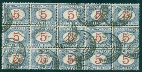 Koninkrijk Italië 1929 - Postage due, 5 lire azure and carmine. Extremely fine block of 15 pieces - Sassone T 29