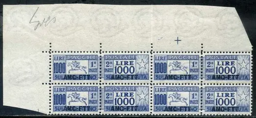 Triëst - Zone A 1954 - Postal Parcels 1000 l. with linear perforation. Extremely fine sheet corner block of four with very - Sassone N. 26/I