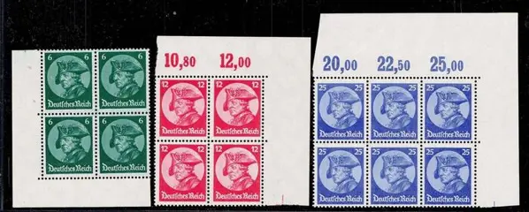 Duitse Rijk - 6–25&nbsp;pfennigs “Frederick the Great”. 6 and 12&nbsp;pfennigs as corner margin block of four, 25&nbsp;pfennigs - Michel 479-481