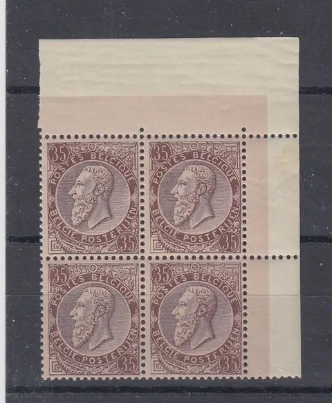 België 1884 - Leopold II - OBP 49 in blok van 4 in bladhoek met zeer goede centrage
