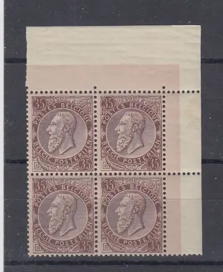 België 1884 - Leopold II - OBP 49 in blok van 4 in bladhoek met zeer goede centrage