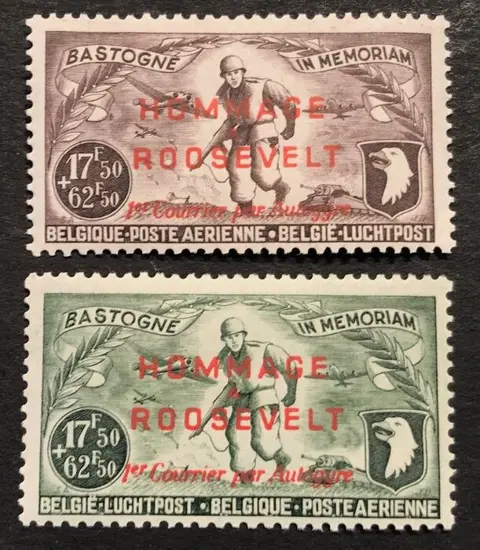 België 1950 - Inhuldiging "Weg der Vrijheid" - Opdruk "Hommage à Roosevelt - 1er Courrier par Autogyre"" - PR115/116