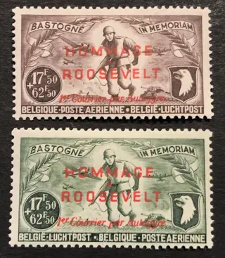 België 1950 - Inhuldiging "Weg der Vrijheid" - Opdruk "Hommage à Roosevelt - 1er Courrier par Autogyre"" - PR115/116