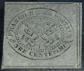 Italiaanse oude staten - Pauselijke Staat 1867 - 3 cents grey, imperforated, intact. With certificate. - Sassone N. 15