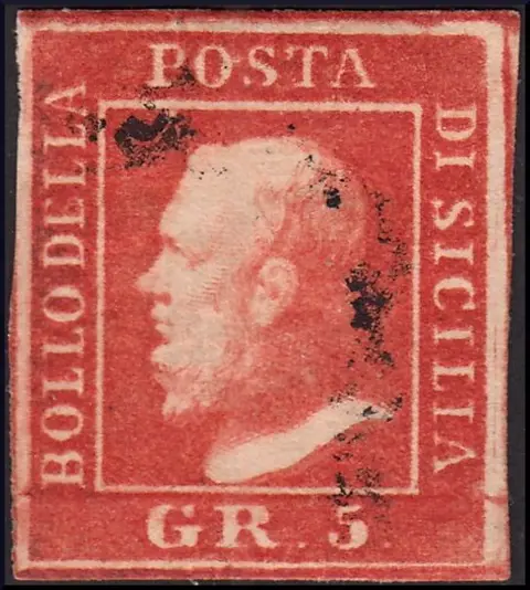 Italiaanse oude staten - Sicilië 1859 - 5 grana vermiglio vivo II tavola carta di Palermo - Sassone N. 11a