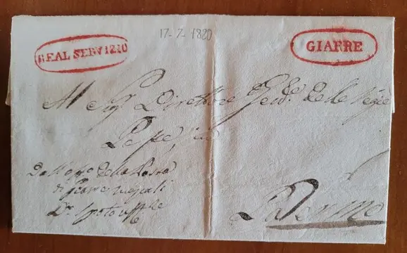 Italiaanse oude staten - Sicilië 1820 - Pre-philatelic letter from Giarre pt. 11 to Palermo, stamp on the overwriting ‘Real Servizio’