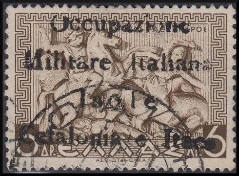 Italië - bezetting van de Ionische eilanden 1940-1943 1941 - Mitologica di Grecia 6 dracme bruno oliva soprastampato a mano (Itaca, O Maiuscola) - Sassone N. 36