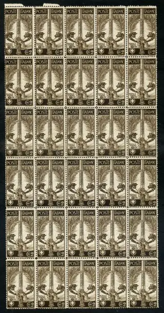 Italië 1911 - Unità d'Italia 2 centesimi dentellato 13,5. Raro blocco di 30 esemplari - Sassone 92a