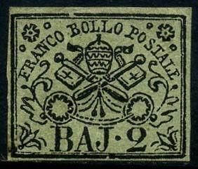 Italiaanse oude staten - Pauselijke Staat 1852 - 2 baj olive green. - Sassone N. 3