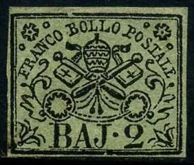 Italiaanse oude staten - Pauselijke Staat 1852 - 2 baj olive green. - Sassone N. 3