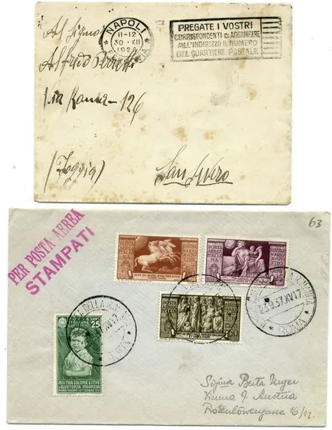 Koninkrijk Italië - Pubblicitari 50 c. de Montel, Colonie estive 25 c. - Augusto PA 3 val - . Tre buste interessanti