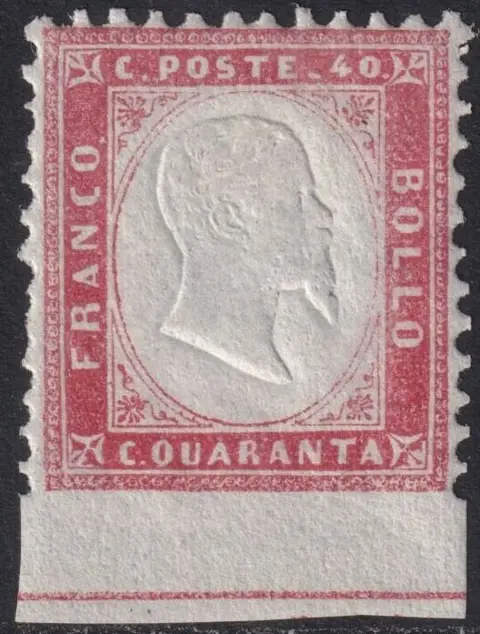 Koninkrijk Italië 1862 - I^ Em. 40 c. rosa Bordo non dentellato con riga di colore centrato raro Certificato - Sassone n.3d/k
