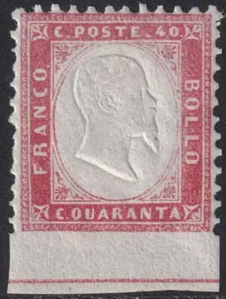 Koninkrijk Italië 1862 - I^ Em. 40 c. rosa Bordo non dentellato con riga di colore centrato raro Certificato - Sassone n.3d/k