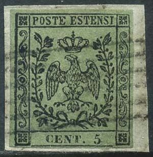 Italiaanse oude staten - Modena 1852 - Eagle of Este, 5 cents olive green without dot after the figure. With certificate. - Sassone N. 8d