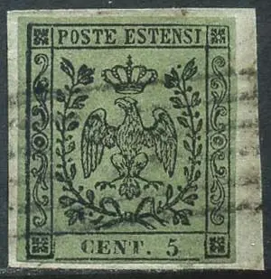 Italiaanse oude staten - Modena 1852 - Eagle of Este, 5 cents olive green without dot after the figure. With certificate. - Sassone N. 8d